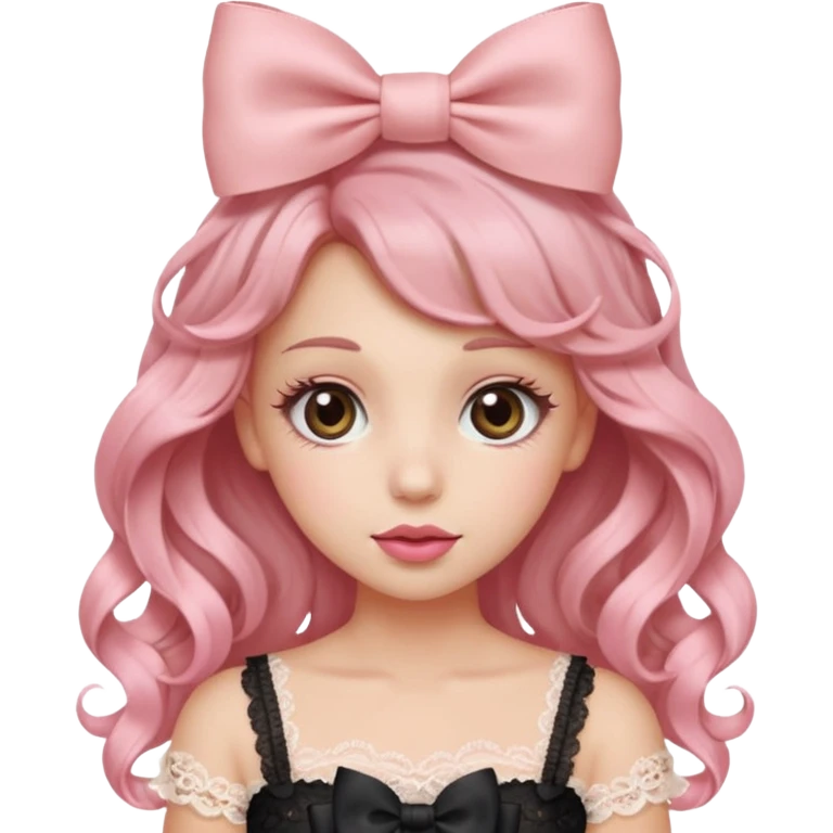 “Emoji girl, doe eyes, long fluttery lashes, soft pink blush, glossy rose lips, ribbon hair bow, romantic curls, wearing lace top.” emoji