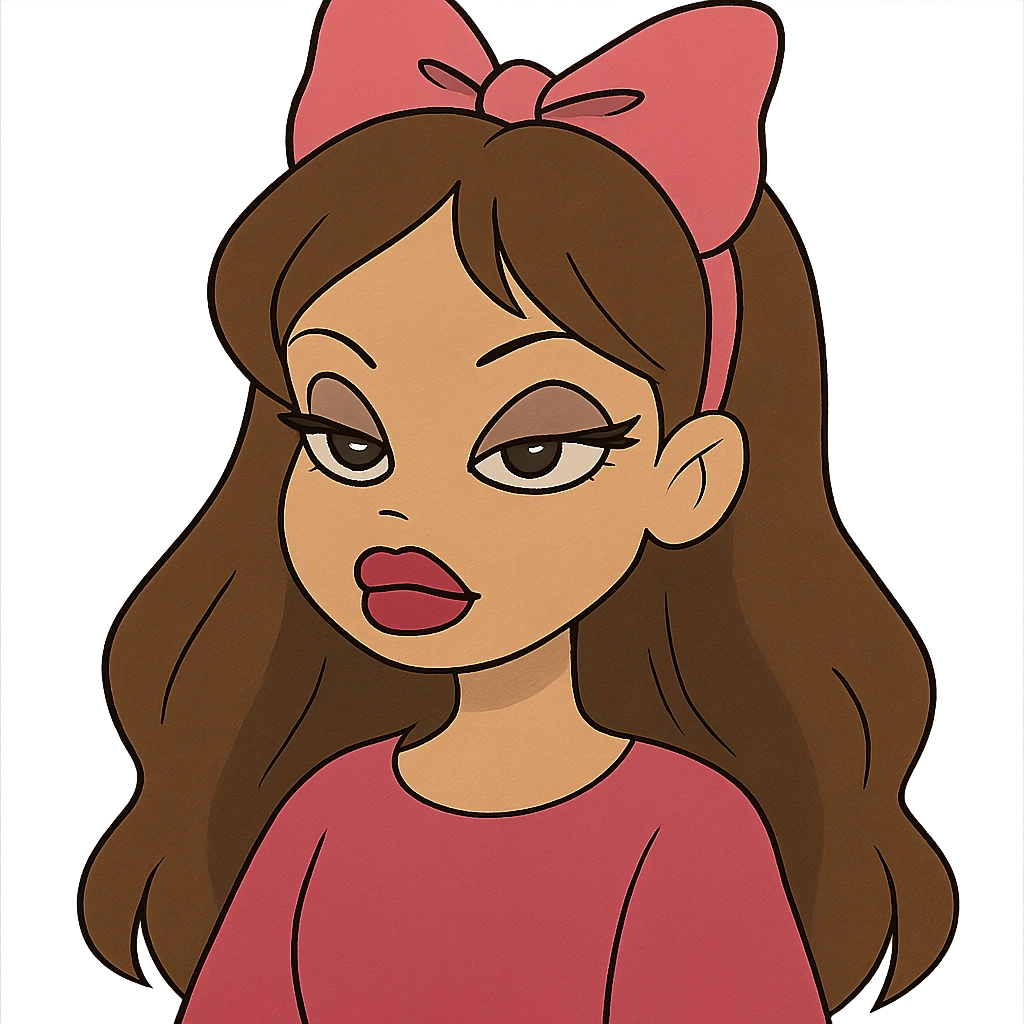 Bratz-inspired girl with brown hair and a pink bow emoji