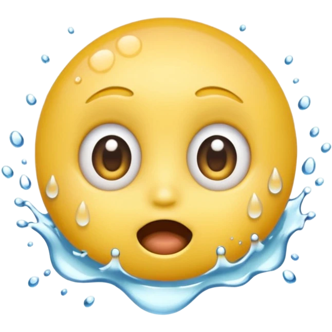 Classic yellow emojis face with super wide eyes and a large open mouth and a splash of water hitting its face emoji