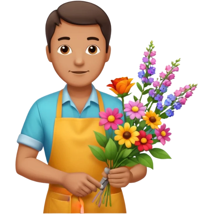 Middle-aged male florist – apron on, trimming stems with scissors emoji