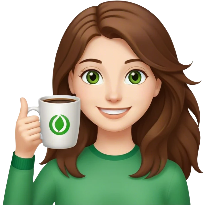Long, Brown haired girl with middle hair part, with green eyes, smiling, waving with one hand, coffee mug in the other emoji