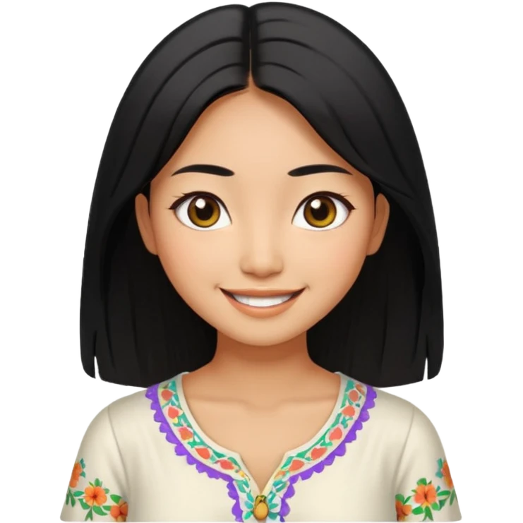 30 yr old asian woman center parted hair big eyes big smile tanned skin straight black hair hippie part hair white blouse shoulder length hair emoji