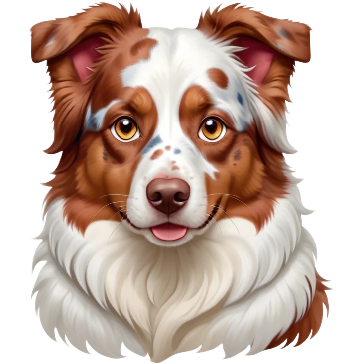 Cinematic Noble Predominantly White Red Merle Australian Shepherd Portrait Emoji, Poised and regal, with a strong, agile build and a stunning predominantly white coat with splashes of red merle, piercing blue eyes, Simplified yet sharp and sophisticated features, highly detailed, glowing with a soft, dignified glow, high shine, intelligent and loyal, stylized with an air of elegance, focused and attentive, soft glowing outline, capturing the essence of a watchful and confident herder, so majestic it feels as though it could step out of the screen with effortless authority! emoji