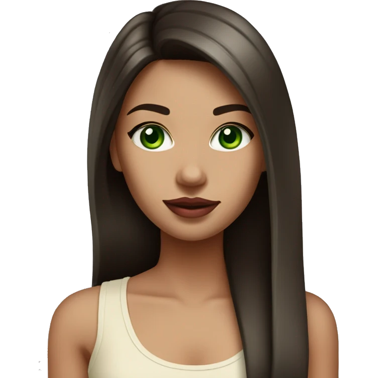 beautiful girl with long dark brown straight hair and green eyes and big pink lips. Wearing a cream tank top emoji