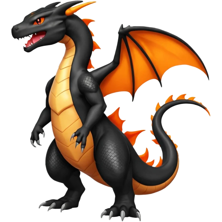 Shiny Black Koraidon-Charizard-Salandit-Fakémon-hybrid-creature (full body) with orange belly emoji