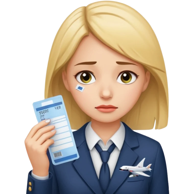 Девушка в офисном костюме, грустная, с билетами на самолет в руках  emoji