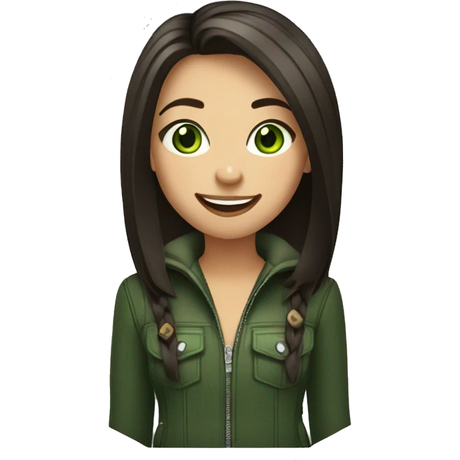 A stylish hooligan girl with dark shoulder-length straight hair and green eyes laughs emoji