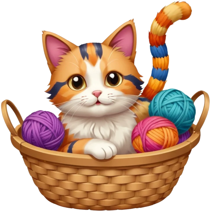 A playful cat in a basket edge, playing with a yarn ball. emoji