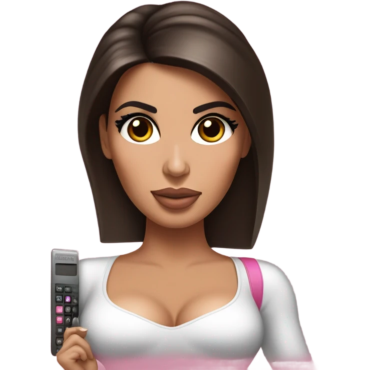 Hyper realistic kim kardashian with straight brown hair holding a small pink calculator in her hand emoji