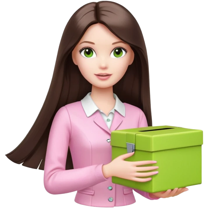 A white Barbie girl with long dark brown straight hair in pale pink clothes holds bright green box emoji