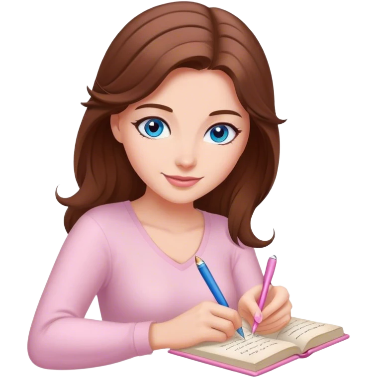 female writer happy, brown hair and blue eyes writing a light pink romance novel emoji