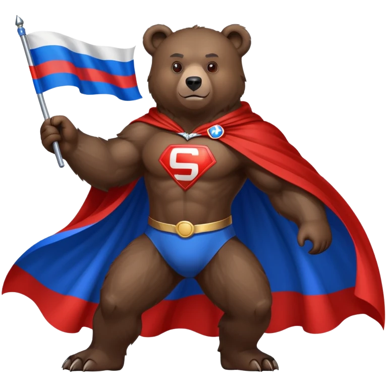 Medium-dark brown bear on four legs with Russian flag as a flowing cape, white, blue and red cloth draped over its back like a superhero cape emoji