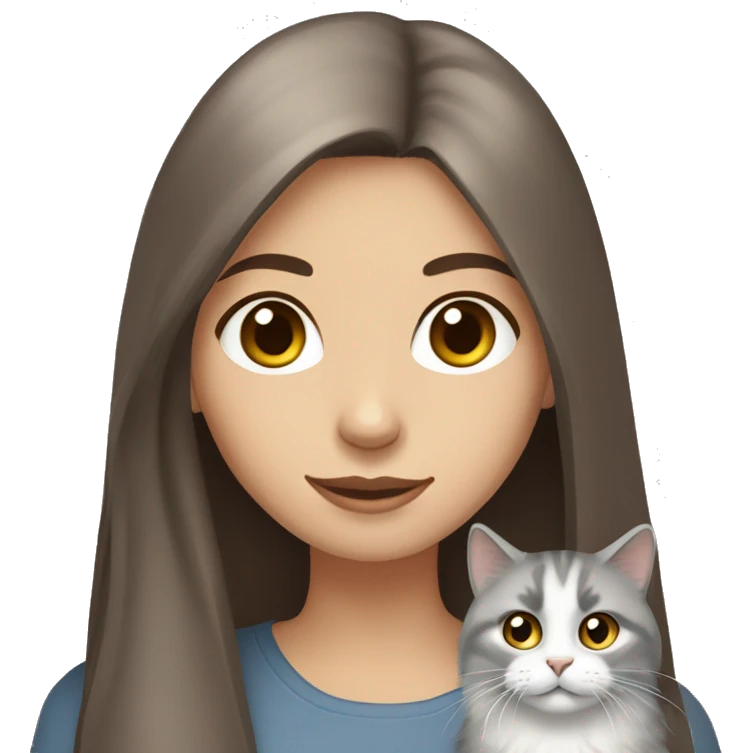 Brown straight hair girl with gray eyes holding fluffy Siberian gray cat  emoji