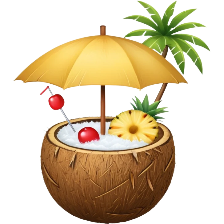 A tropical cocktail served in a coconut shell with a mini umbrella and pineapple.
 emoji