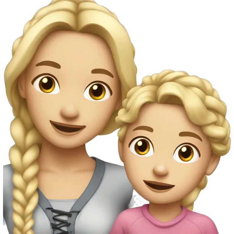 An emoji of a blonde mother with long hair, standing next to her 3-year-old daughter with black braided hair, both smiling emoji