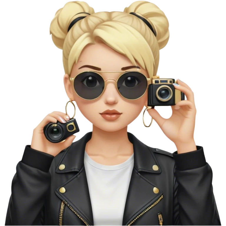 Blonde white girl with film camera wearing blackout sunglasses where you can’t see her eyes with a high bun. She’s wearing a white t shirt and a black baggy leather jacket. Give her only one camera that she has up to her eye taking a picture. Also give her small gold hoop earrings emoji