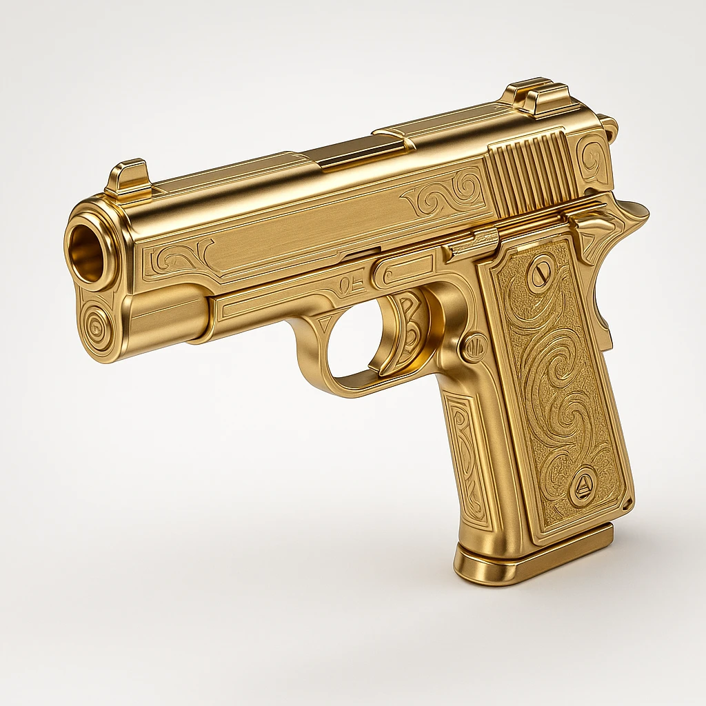 a golden gun, stylized and luxurious, in gold objects style emoji