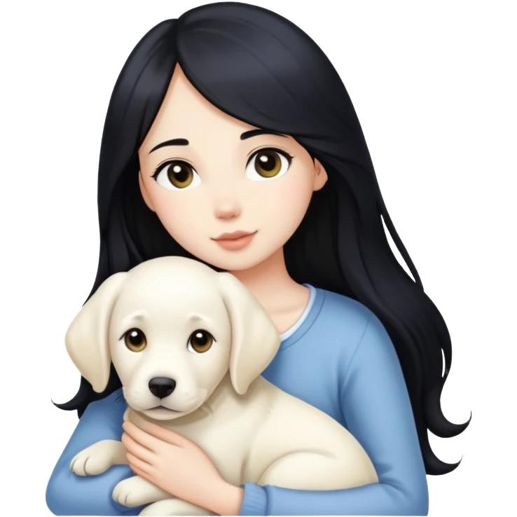 A beautiful girl with long black hair and fair skin is holding a white Labrador emoji