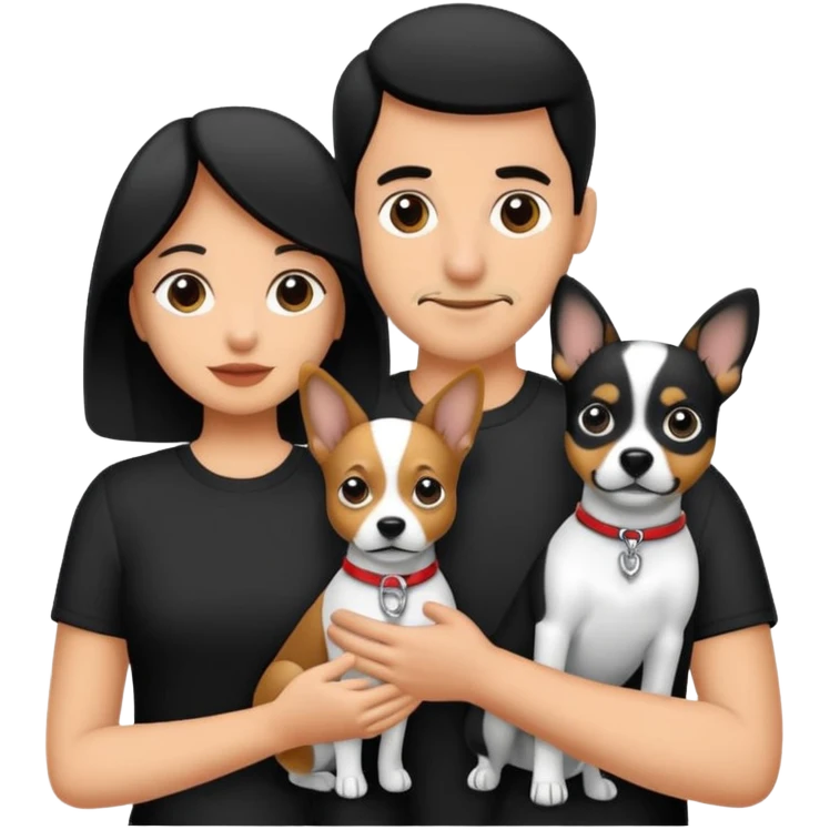 Pareja hombre y mujer, y con dos perritos pincher en sus brazos, puedes hacerlo en blanco y negro  emoji