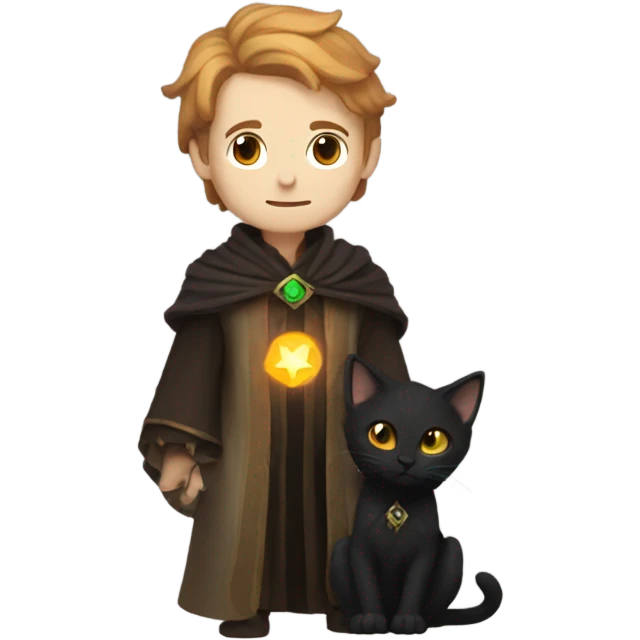 A sun warlock who is pale with brown hair and is holding a black kitten emoji