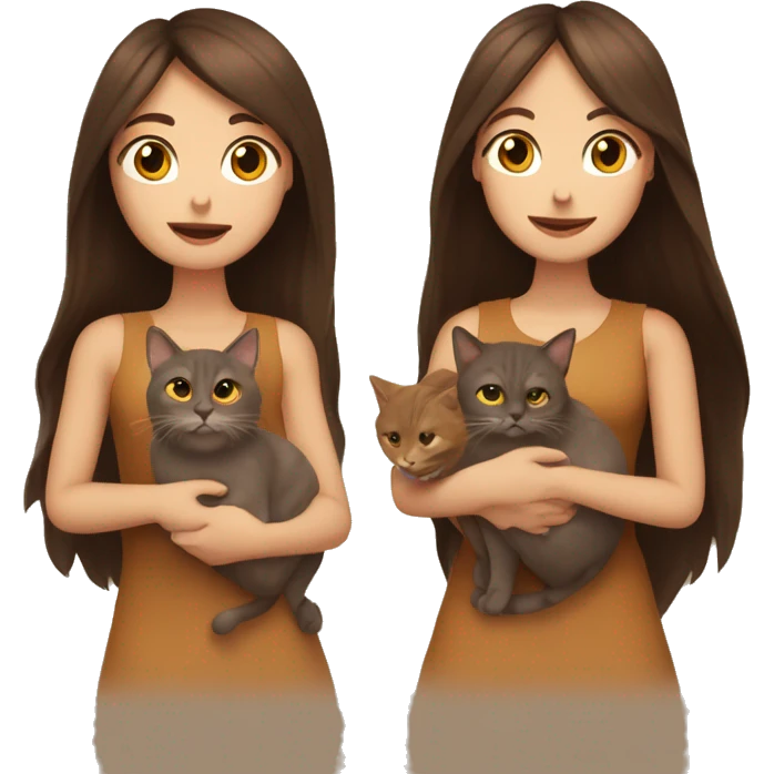 Two long hair brunettes keeping two brown cats in their hands emoji