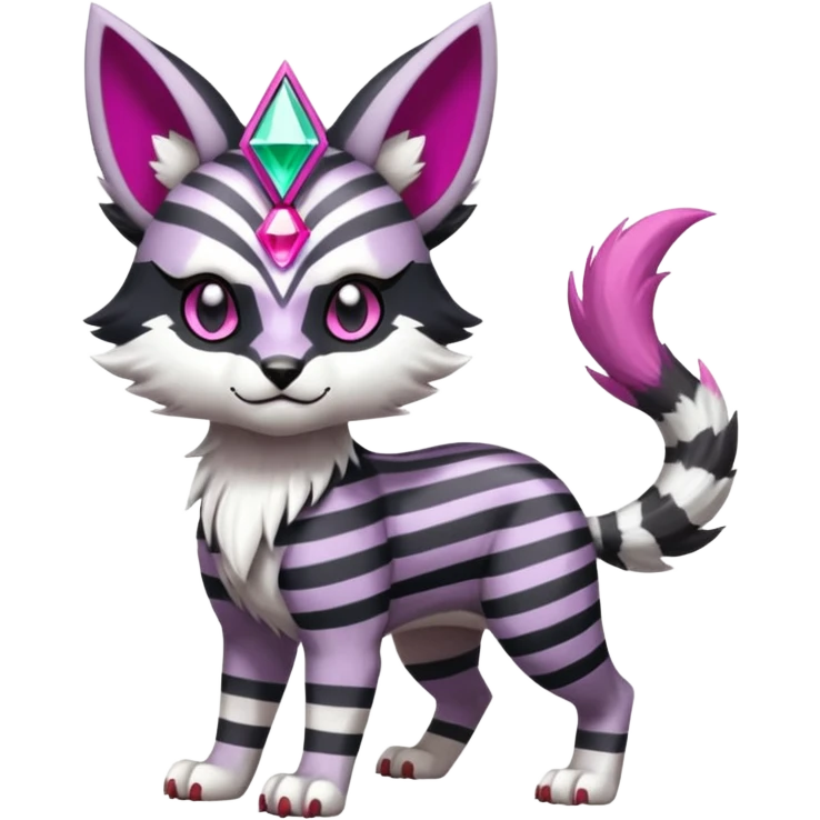Black and white-striped Colorful Skilled Adept Graceful Asian Painted WereGarurumon-Meloetta-Obstagoon-Furret-fusion-hybrid-creature (full body) with a magenta triangular gem on the forehead, tufted lynx ears emoji