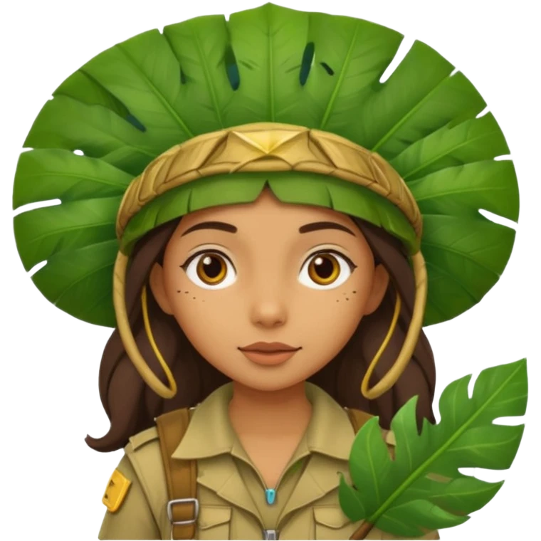 a girl explorer with jungle wearing a large leaf headgear bye  emoji