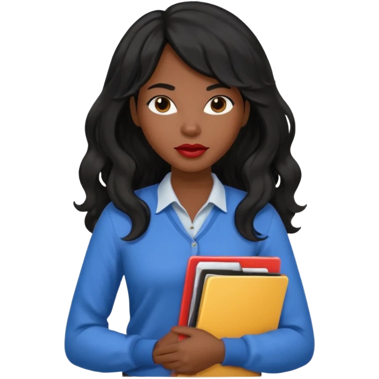 A young woman with long black hair, a wavy frange falling on half of her head. There's a long wavy stretch of hair falling on the side of her head. She's black, medium to dark skinned with thick lips. She's holding folders, and she's a CEO, but she's wearing casual clothes. emoji