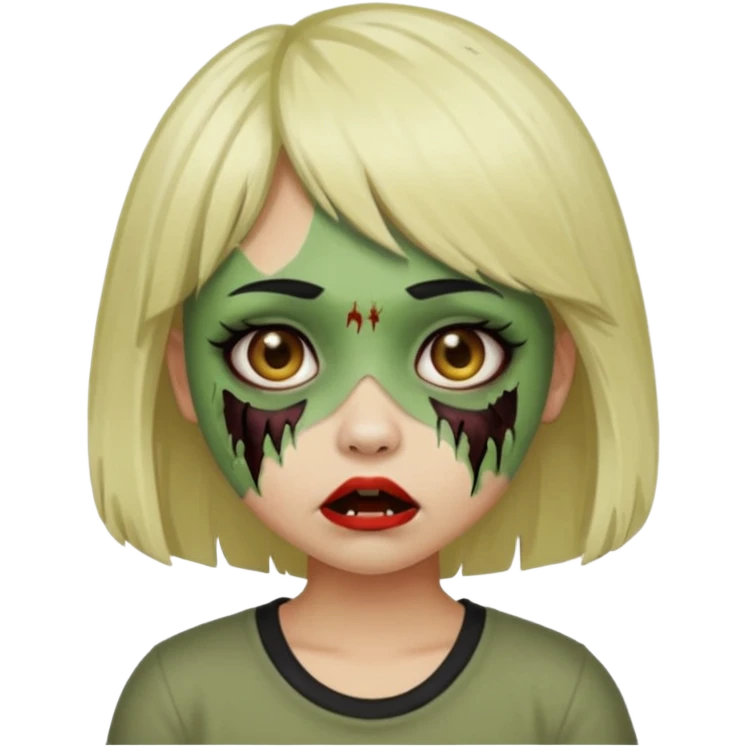 Girl with black hair and raccoon blonde streaks, bangs, light skin, zombie version, pale green skin, emoji style. emoji