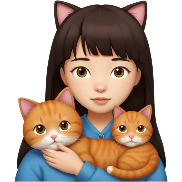 asian girl with black brown hair with bangs snuggle ginger cat emoji emoji