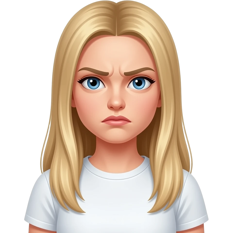 ragazza russa bionda occhi azzurri capelli lisci lunghi, imbronciata  maglietta bianca emoji