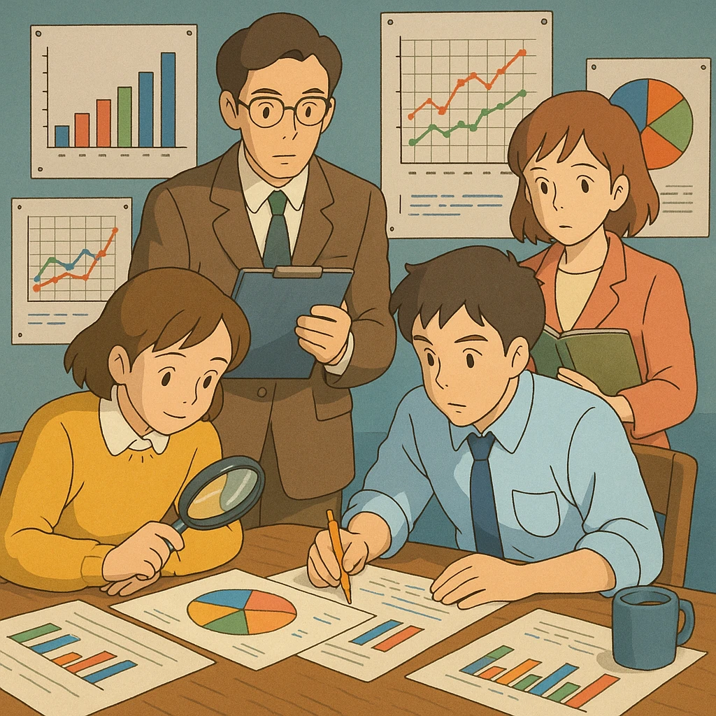 ghibli style scene of business research with people studying data emoji