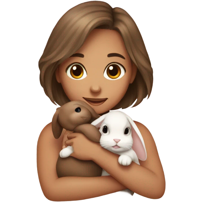 girl with bob hair hugging brown bunny mini lop emoji
