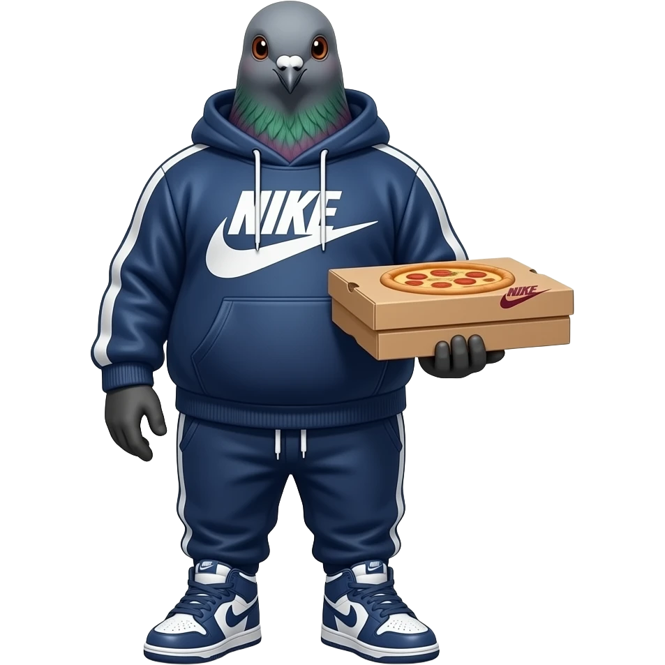 a staten island pigeon with a paunchy belly wearing a velour track suit hoodie and no pants and nike dunks and carrying a pizza box emoji