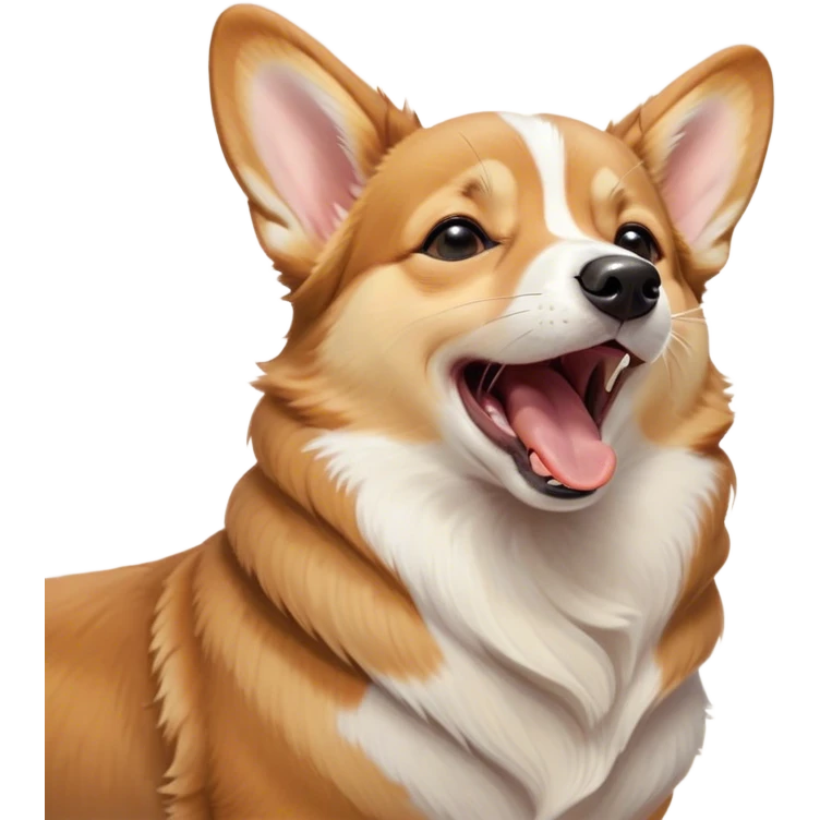 Cinematic Cute Yawning Fawn Corgi Portrait Emoji, Head tilted slightly with a dramatic, wide-open yawn, showcasing a smooth fawn coat with bold white markings, short ears slightly drooping, round brown eyes barely open in drowsy contentment, Simplified yet irresistibly adorable features, highly detailed, glowing with a soft, cozy glow, high shine, relaxed yet expressive, stylized with a touch of whimsy, bright and endearing, soft glowing outline, capturing the essence of a sleepy yet affectionate herder, so drowsy it feels like it could stretch right out of the screen and curl up for a nap! emoji