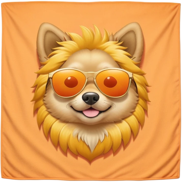 A cute dog wearing sunflower sunglasses on a peach orange beach towel tanning at the beach emoji