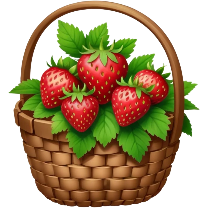 Cinematic ripe strawberrie, deep red, glossy with tiny seeds, green leaves still attached, gathered in a rustic basket, warm glowing background, fresh and sweet. emoji