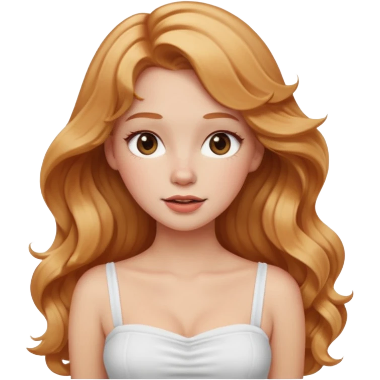 white girl with strawberry blonde super long wavy hair, white tube top, blushed cheeks emoji