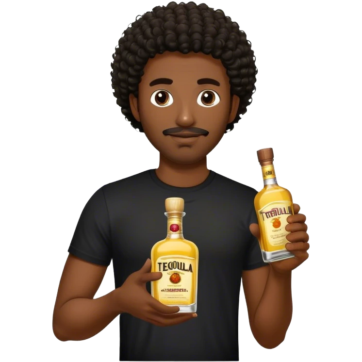 dark black guy, short curly hair, facial hair, holding tequila, black shirt  emoji