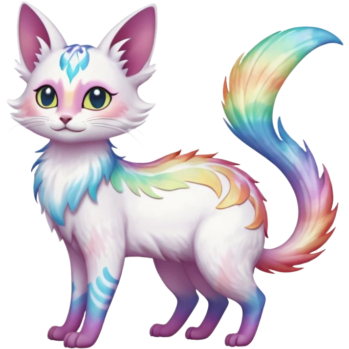 Jumping-Pure-snow-White albino iridescent with pastel rainbow-gradients-color-markings with swirly patterns butterflies  faerie-Noivern-Noibat-Purloin-Torracat-Lykoi-Caracal-cat-Fakemon-fusion-hybrid-creature- emoji