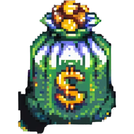 pixel art money bag with coins around emoji