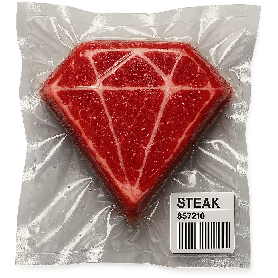 steak shaped like a diamond, extra glossy and puffy vacuum-sealed style emoji