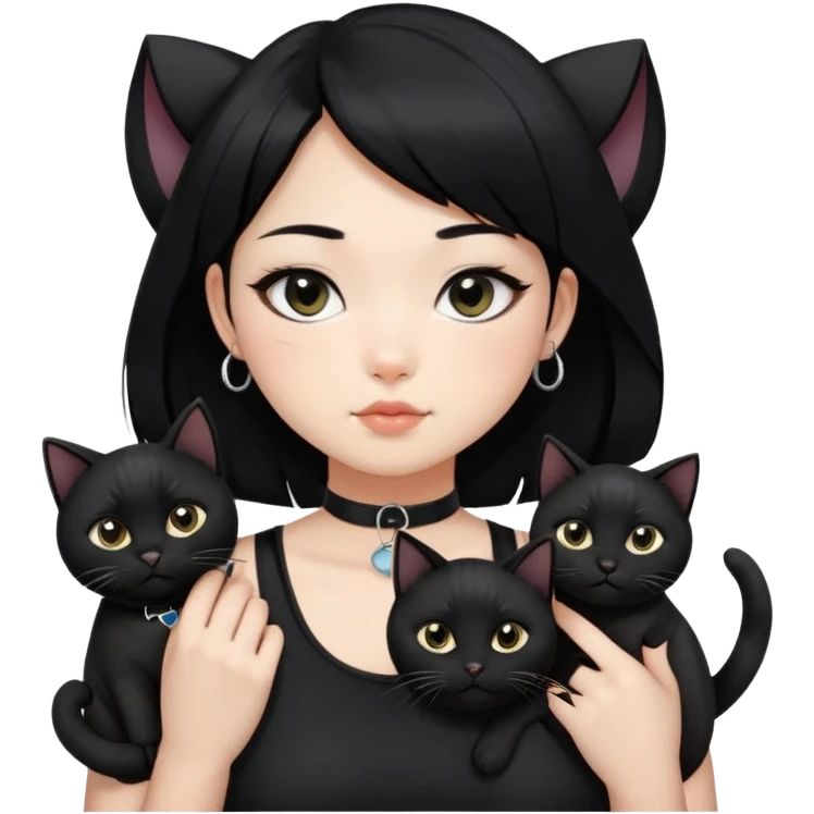 Asian girl, black hair.  Holding two BLACK cats with one cat has a round fat face. Both pure black.  The girl also wearing a black singlet, a black chocker, silver round hook earring, and wearing eyeliner.  emoji