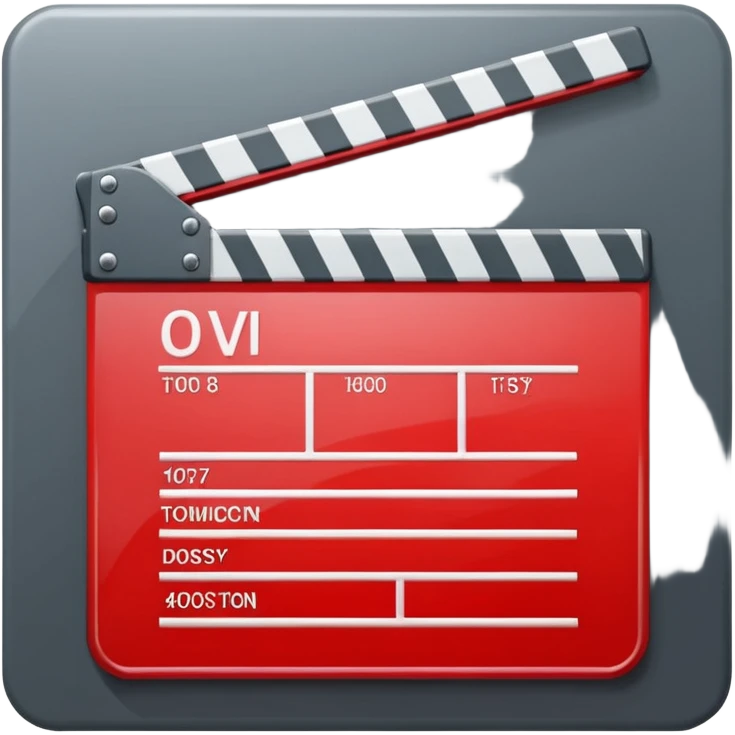 Glossy bright red clapperboard in the classic style of Apple icons: the top bar is tilted up-left, the body and bar with a deep glossy glare, dark gray edging, black background inside, perfectly square with rounded corners. emoji