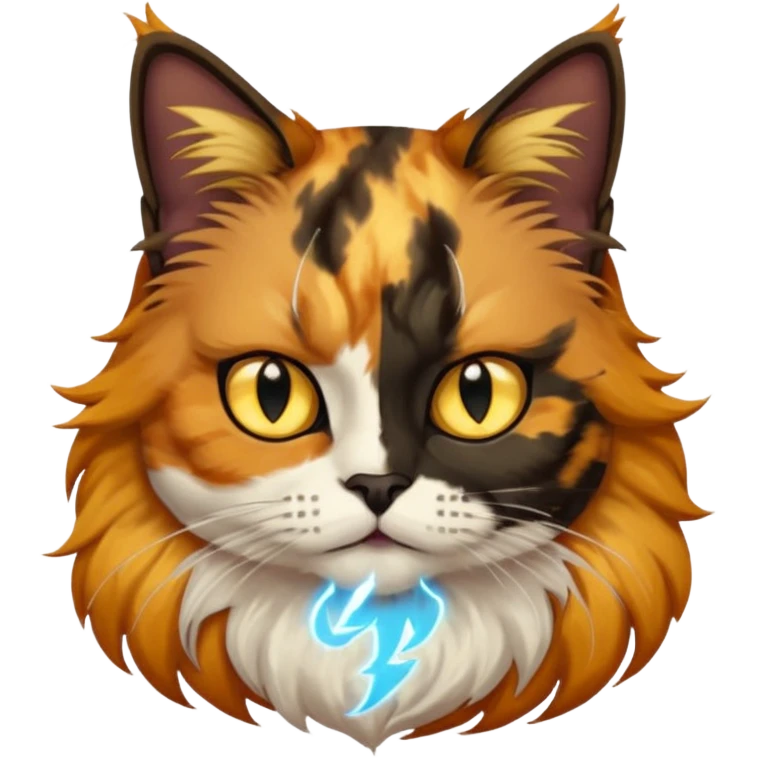 long hair tortoiseshell cat with a black face, white beard and yellow lightning mark above left eye emoji