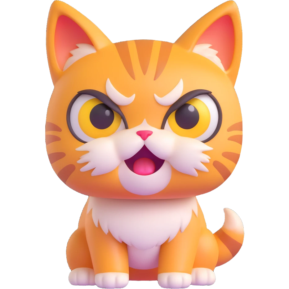 cute angry cat, 3D emoji style, shiny fur, big eyes, angry look, slightly plastic emoji