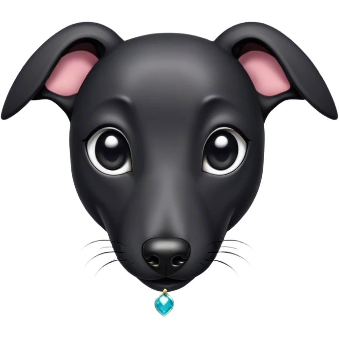 Cinematic Cute Black Greyhound Portrait Emoji, Head tilted playfully and inquisitively, featuring a smooth, shiny jet-black Fur and round, sparkling dark eyes filled with curiosity, Simplified yet irresistibly adorable features, highly detailed, glowing with a warm, friendly glow, high shine, affectionate and agile, stylized with a touch of whimsy, bright and endearing, soft glowing outline, capturing the essence of a mischievous yet loving racer, so playful it feels like it could dash out of the screen and into your arms! emoji