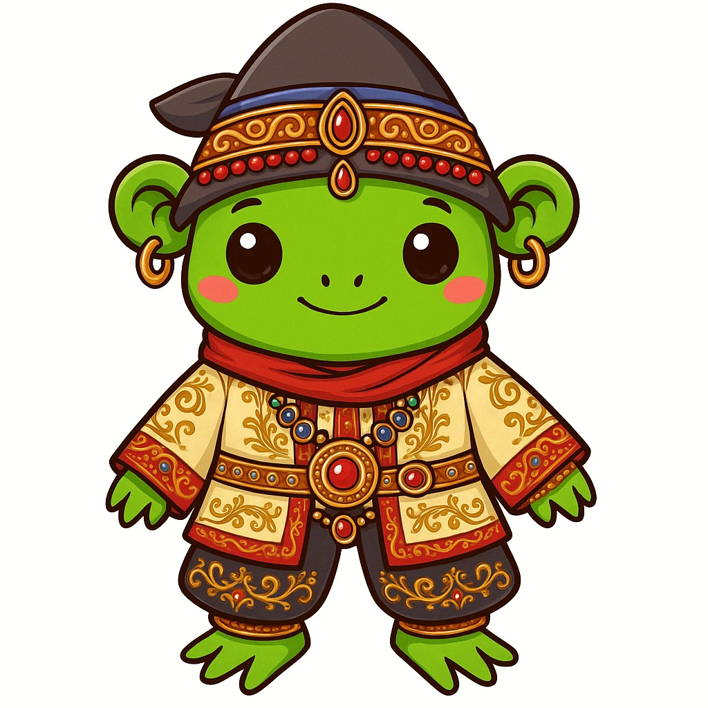 Add finer details like jewelry and decorative elements to the Bashkir attire on the cute frog (sticker style) emoji