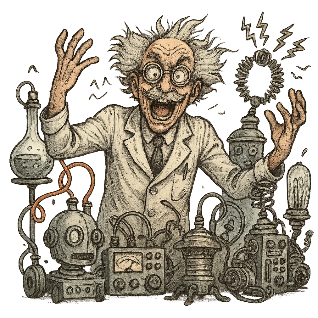 mad scientist going crazy, surrounded by inventions, frantic pose emoji