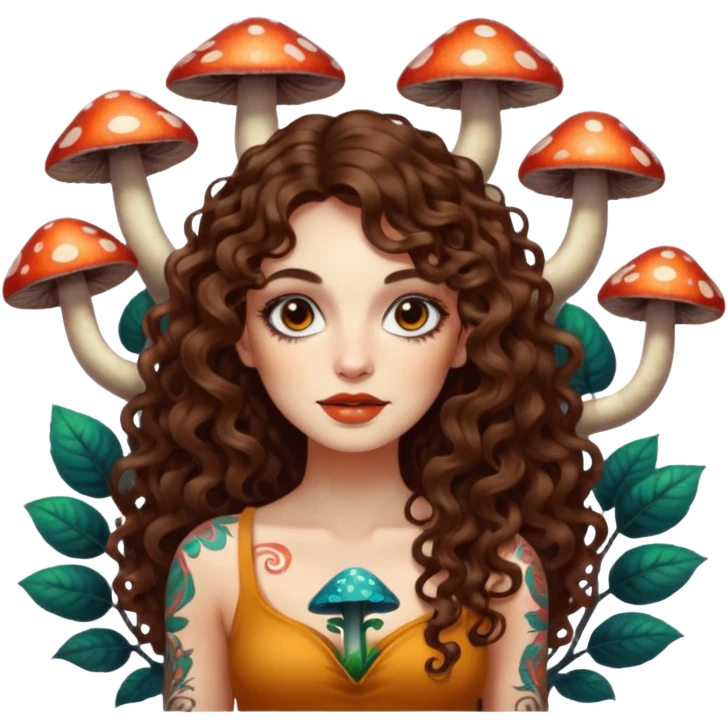 woman with long curly brown hair, brown eyes, white skin, tattoos, psychedelic mushrooms growing from her shadow emoji